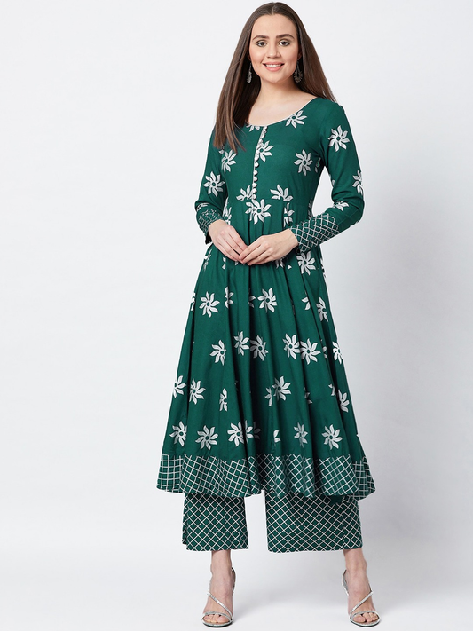 Women Green & White Floral Print Kurta Set