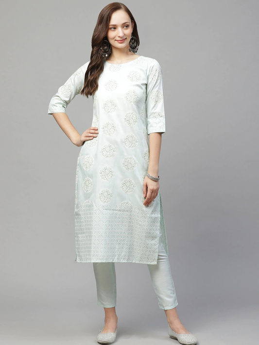 Women Green & White Kurta Set
