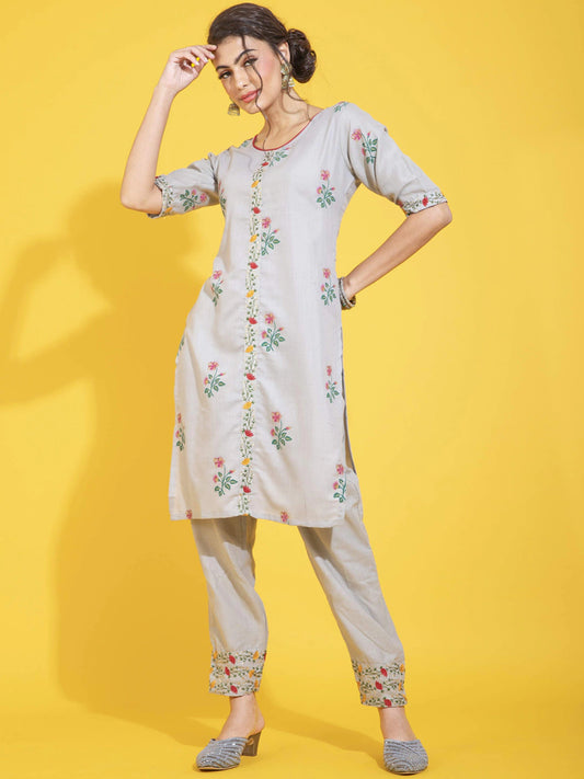 Women Grey Embroidered Pure Cotton Kurta Set