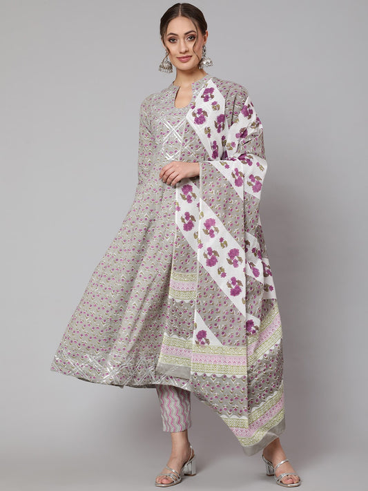 Women Grey Floral Embroidered Pure Cotton Kurta Set