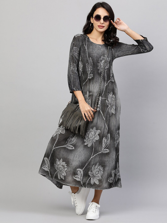 Women Grey Floral Printed Crepe Dress