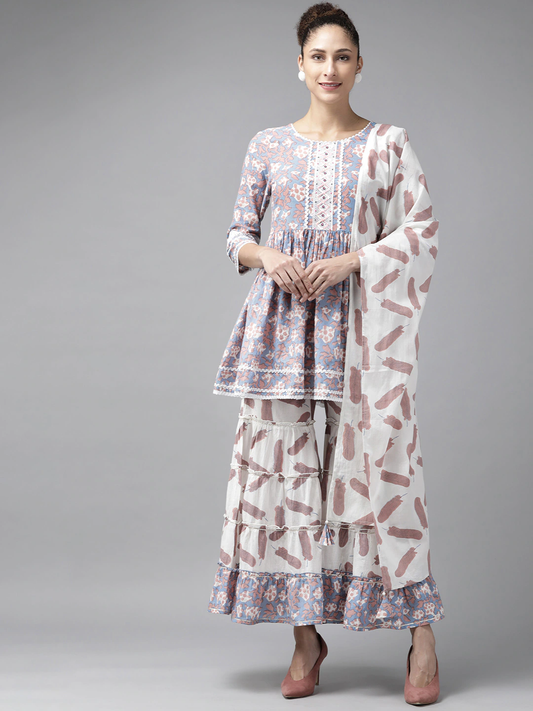 Women Grey Floral Printed Regular Pure Cotton Kurti Set