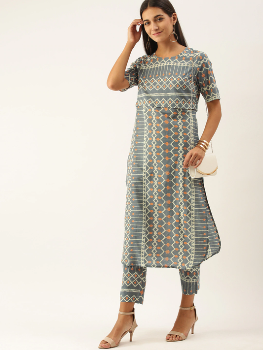 Women Grey Geometric Printed Cotton Kurta Set