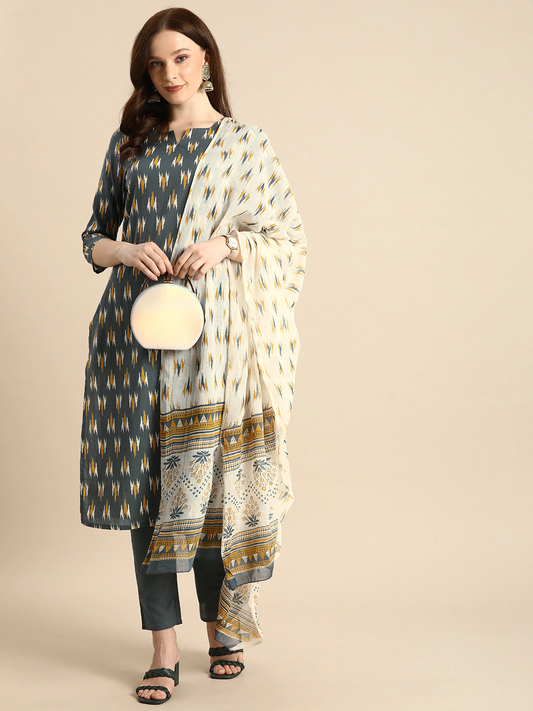 Women Grey Ikat Printed Pure Cotton Kurta Set