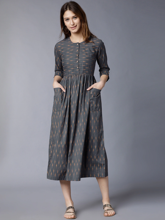 Women Grey Printed Fit and Flare Dress