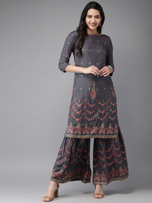 Women Grey Kurta Sharara Set