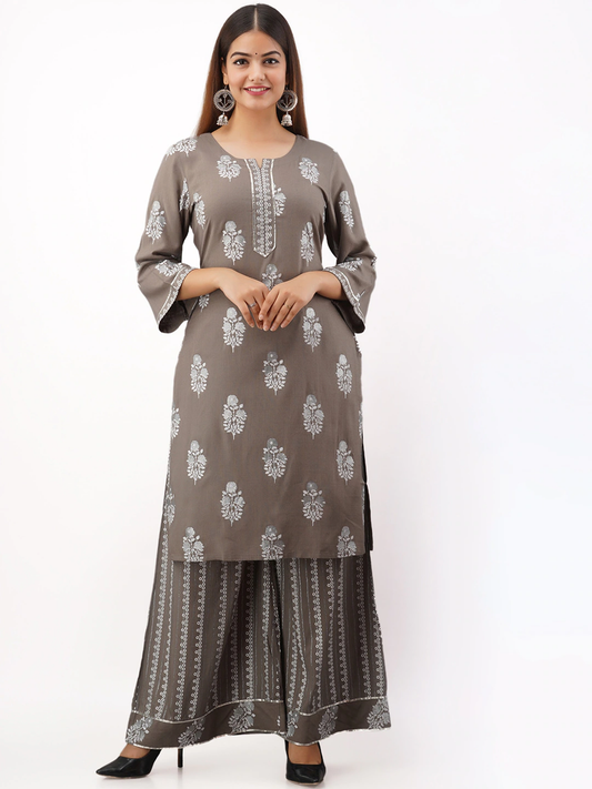 Women Grey Printed Kurti with Sharara
