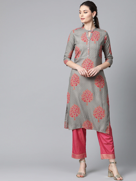 Women Grey & Pink Printed Kurta with Trousers