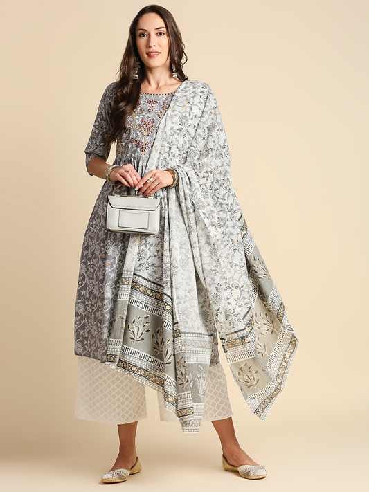 Women Grey & Red Pure Cotton Floral Printed Kurta Set