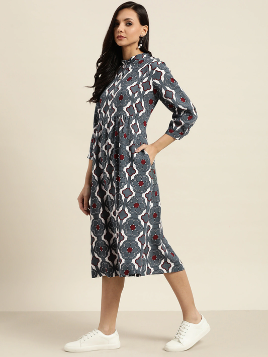 Women Grey & White Printed Dress