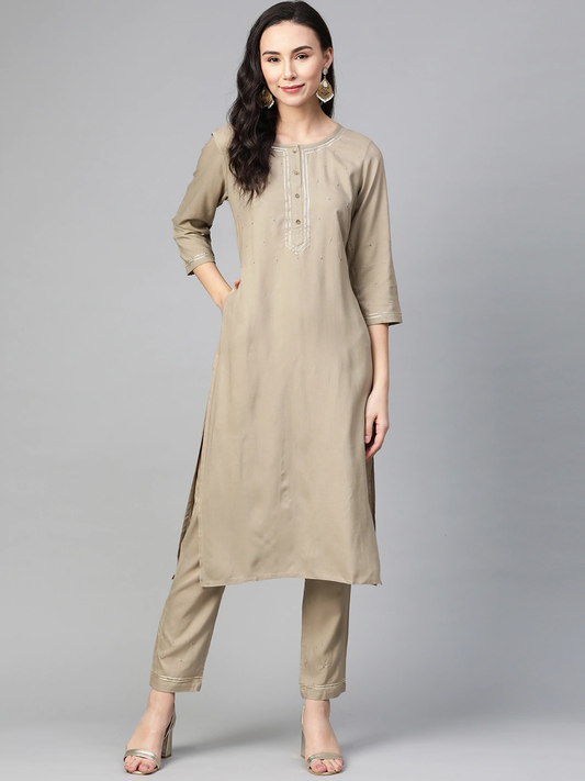 Women Khaki Yoke Design Kurta Set