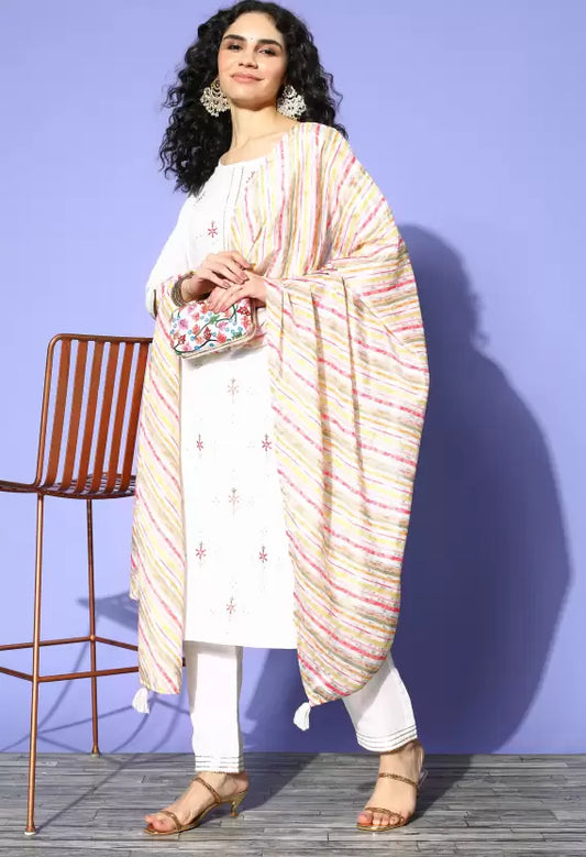 Women Kurta Pant And Dupatta Set Cotton Blend