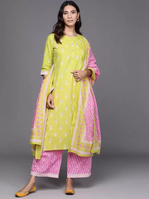 Women Kurta Pant And Dupatta Set Cotton Blend