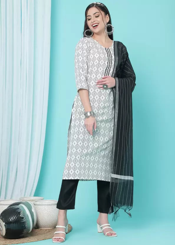 Women Kurta Pant And Dupatta Set Cotton Blend