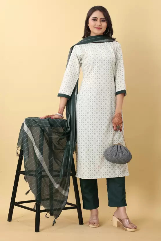 Women Kurta, Pant And Dupatta Set Cotton Blend