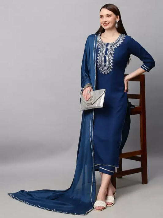 Women Navy Blue Ethnic Motifs Embroidered Thread Work Kurta with Trouser & Dupatta