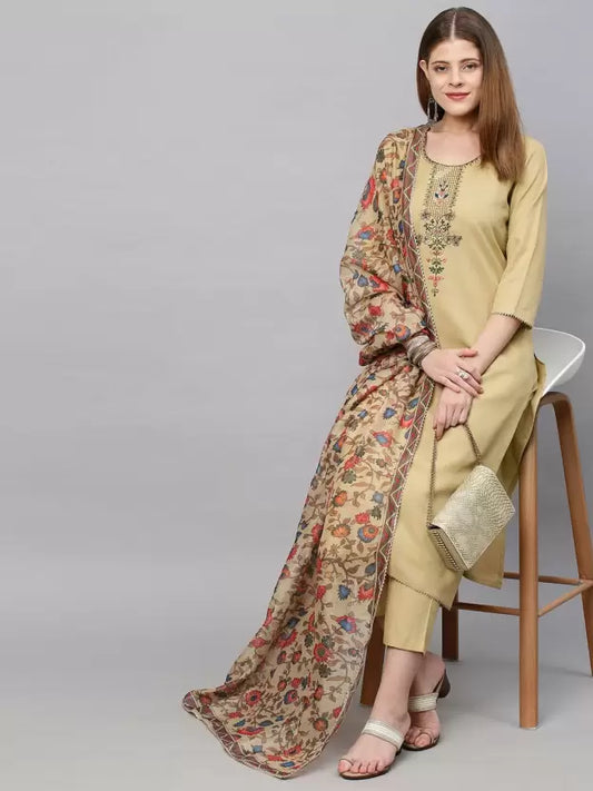 Women Kurta Pant And Dupatta Set Cotton Blend