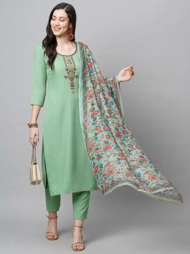 Women Kurta Pant And Dupatta Set Cotton Blend