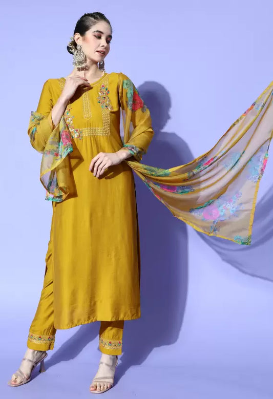 Women Kurta Pant And Dupatta Set Cotton Blend