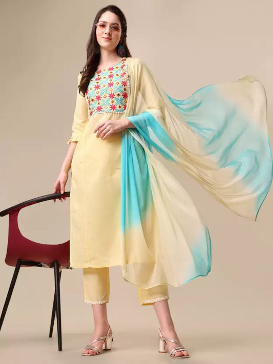 Women Kurta Pant And Dupatta Set Cotton Blend