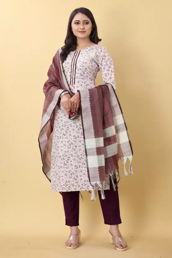 Women Kurta Pant And Dupatta Set Cotton Blend