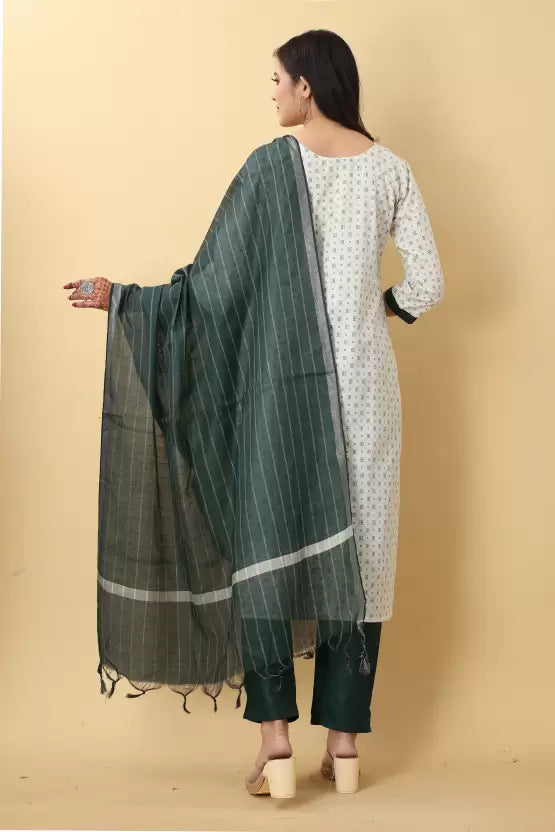 Women Kurta, Pant And Dupatta Set Cotton Blend