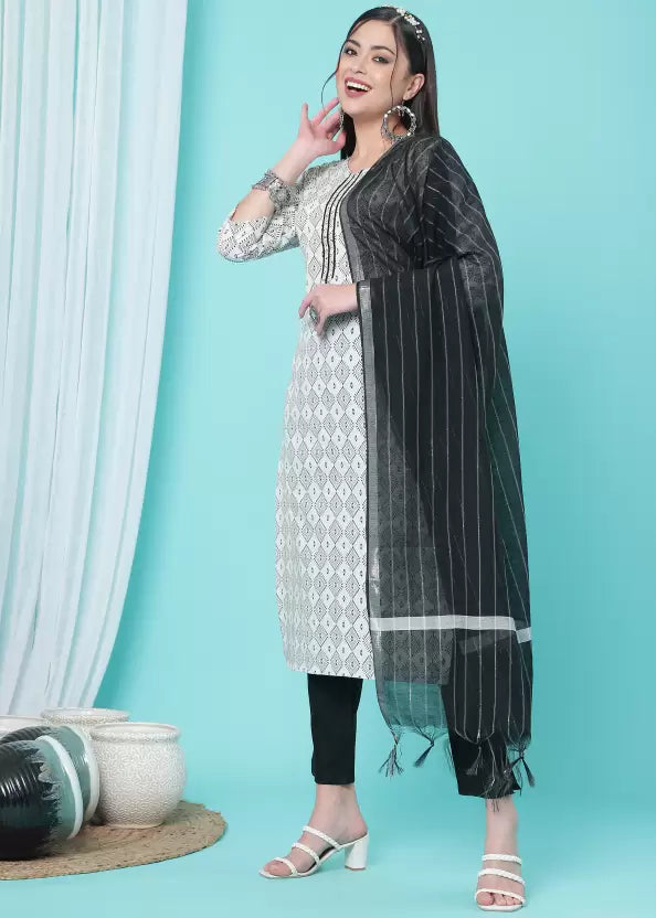 Women Kurta Pant And Dupatta Set Cotton Blend