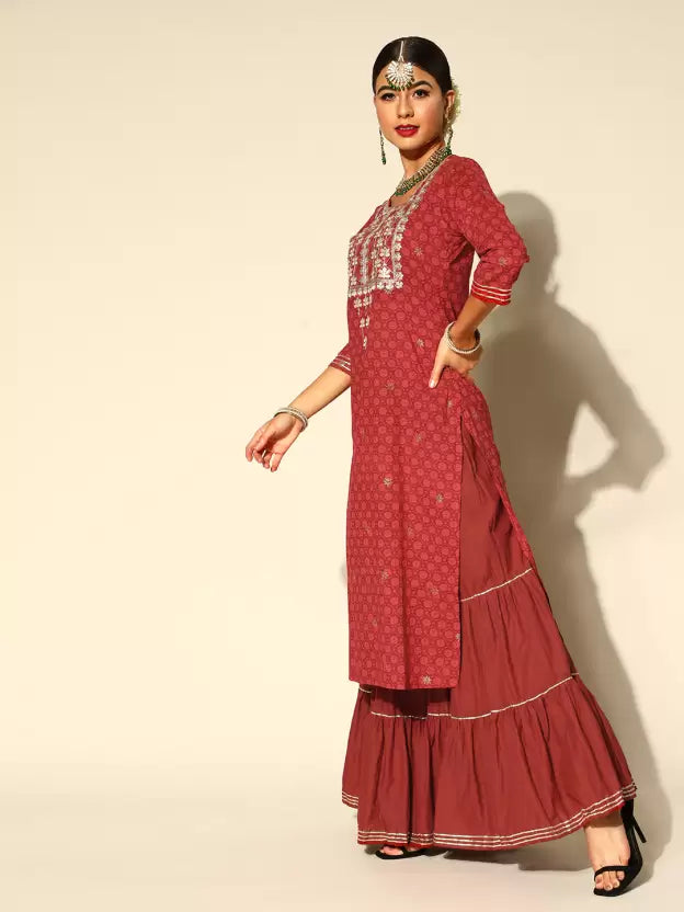 Women Kurta Pant And Dupatta Set Cotton Blend