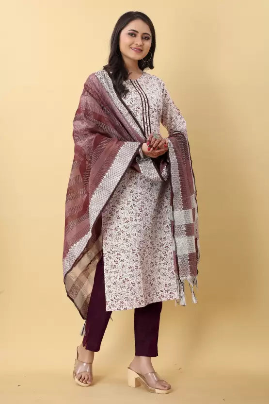 Women Kurta Pant And Dupatta Set Cotton Blend