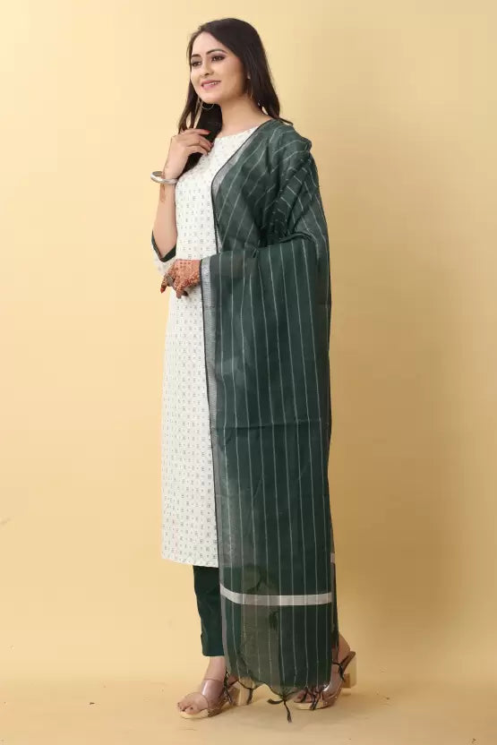 Women Kurta, Pant And Dupatta Set Cotton Blend