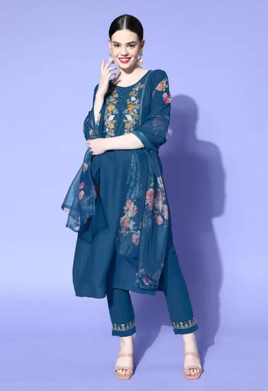 Women Kurta Pant And Dupatta Set Cotton Blend