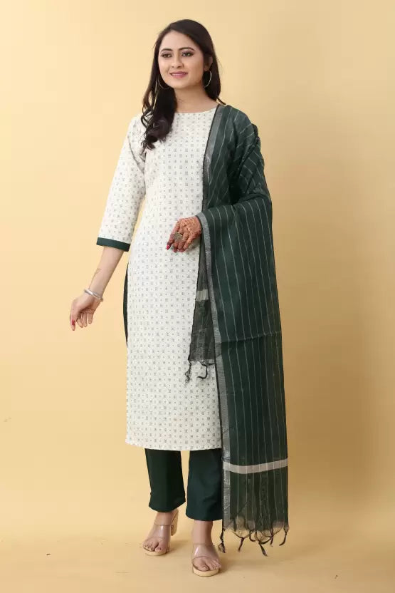 Women Kurta, Pant And Dupatta Set Cotton Blend