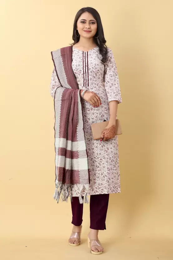 Women Kurta Pant And Dupatta Set Cotton Blend