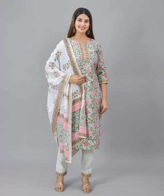 Women Cotton Blend Kurta Pant And Dupatta Set