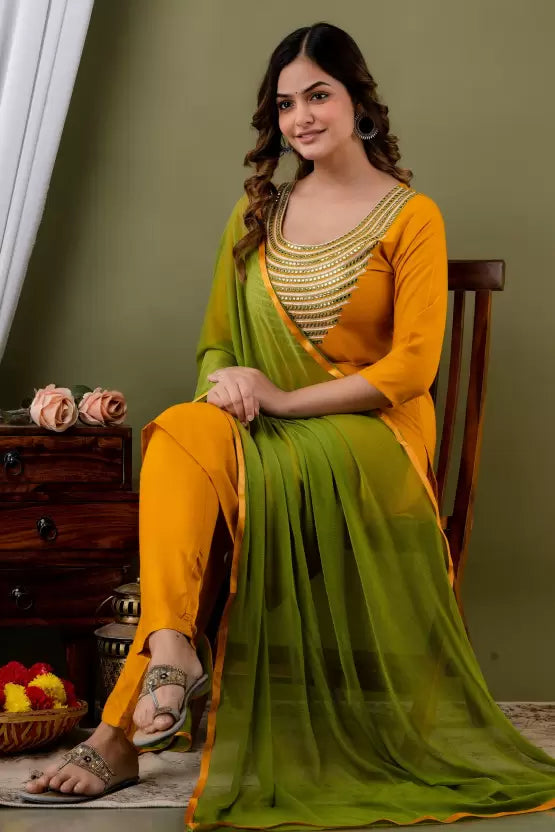 Women Kurta Pant And Dupatta Set Cotton Rayon