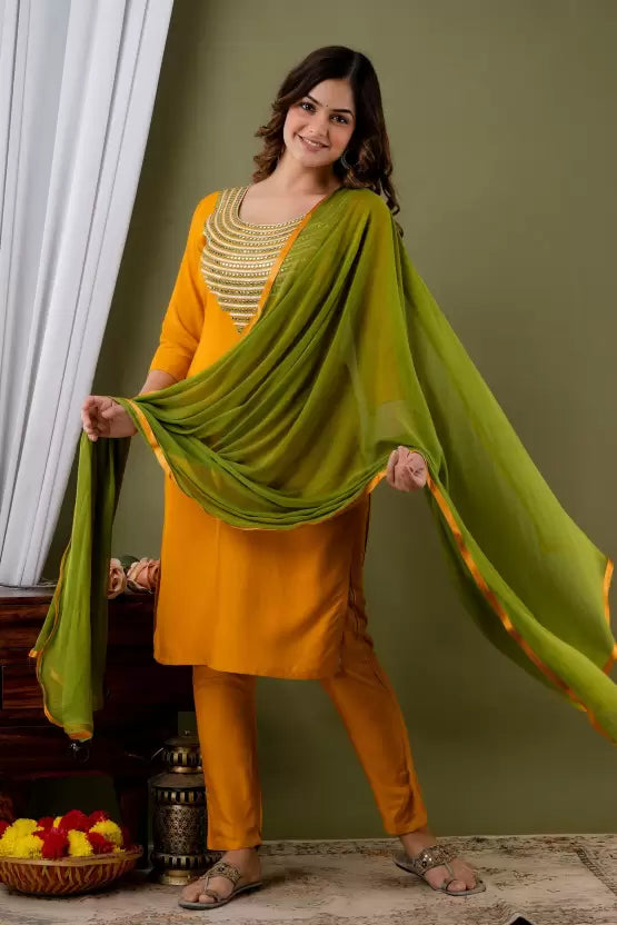 Women Kurta Pant And Dupatta Set Cotton Rayon