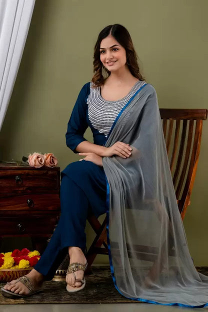 Women Kurta Pant And Dupatta Set Cotton Rayon