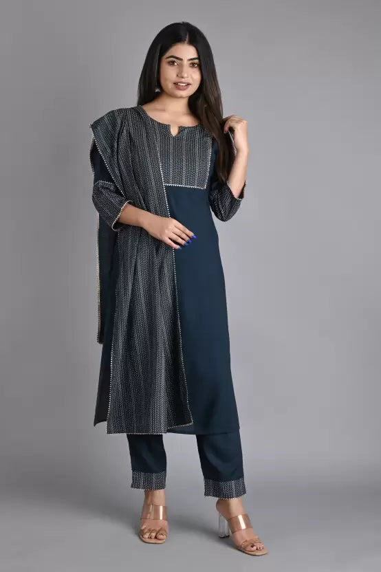 Women Kurta Pant And Dupatta Set Cotton Rayon