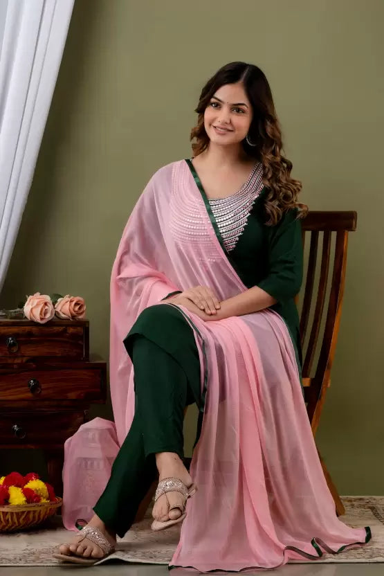 Women Kurta Pant And Dupatta Set Cotton Rayon