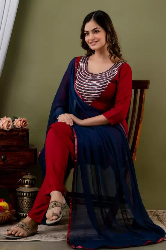 Women Kurta Pant And Dupatta Set Cotton Rayon