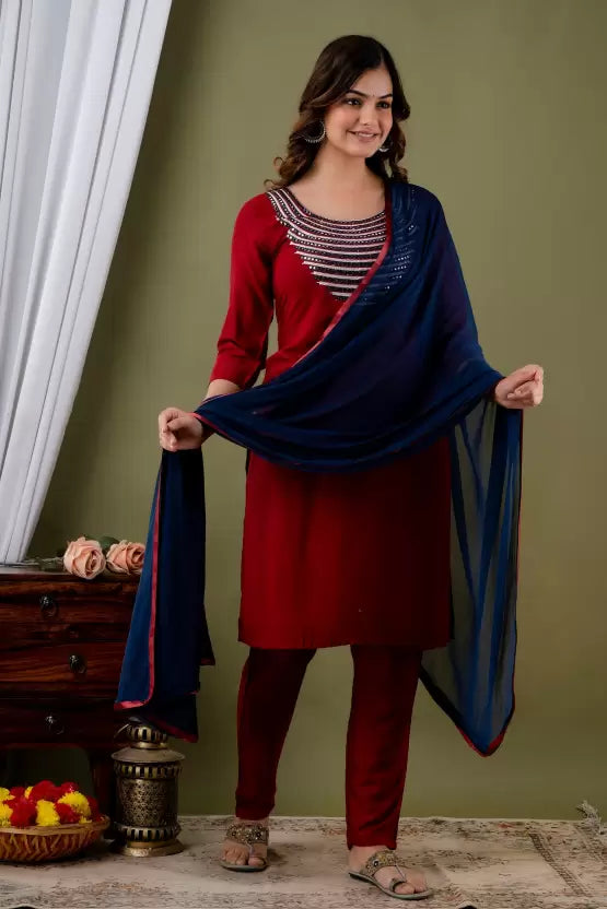 Women Kurta Pant And Dupatta Set Cotton Rayon