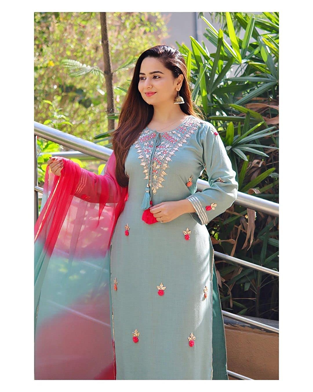 Women Cotton Rayon Kurta Pant And Dupatta Set