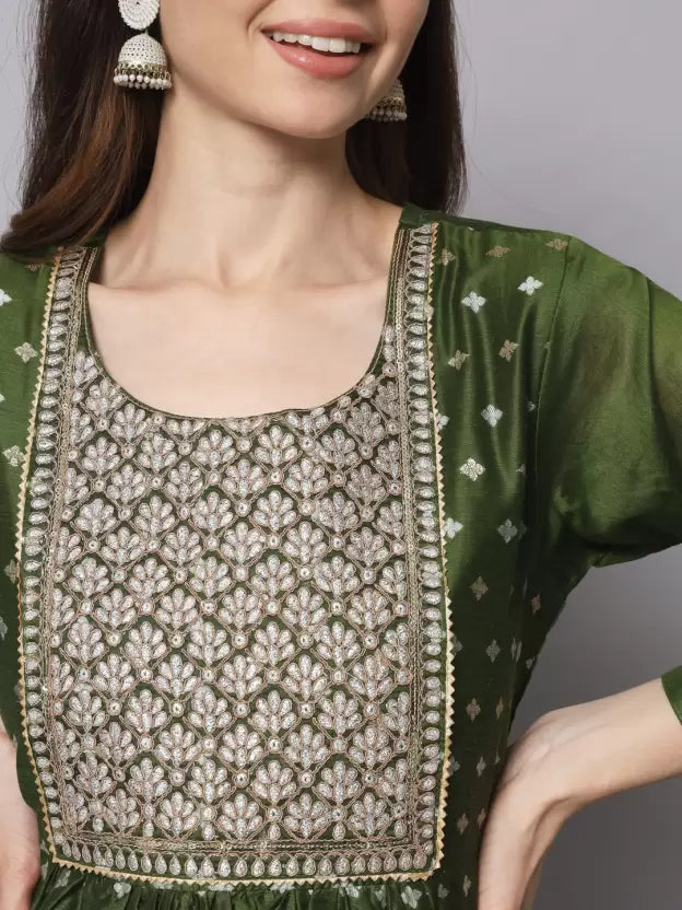 Women Cotton Silk Embroidered Kurta, Pant And Dupatta Set (Multi colors)