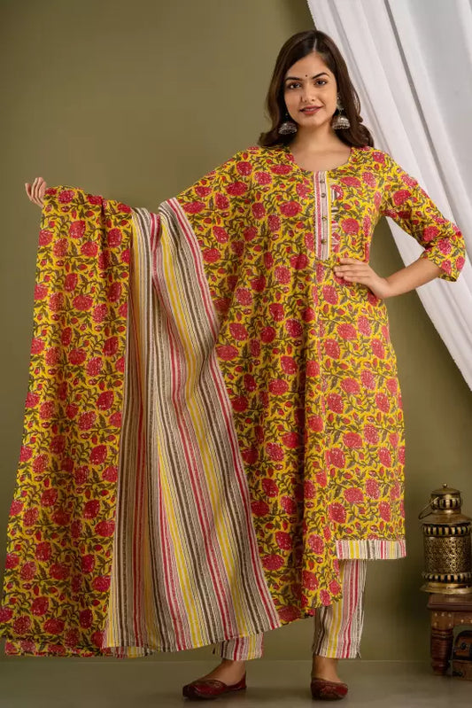 Women Kurta Pant And Dupatta Set Pure Cotton