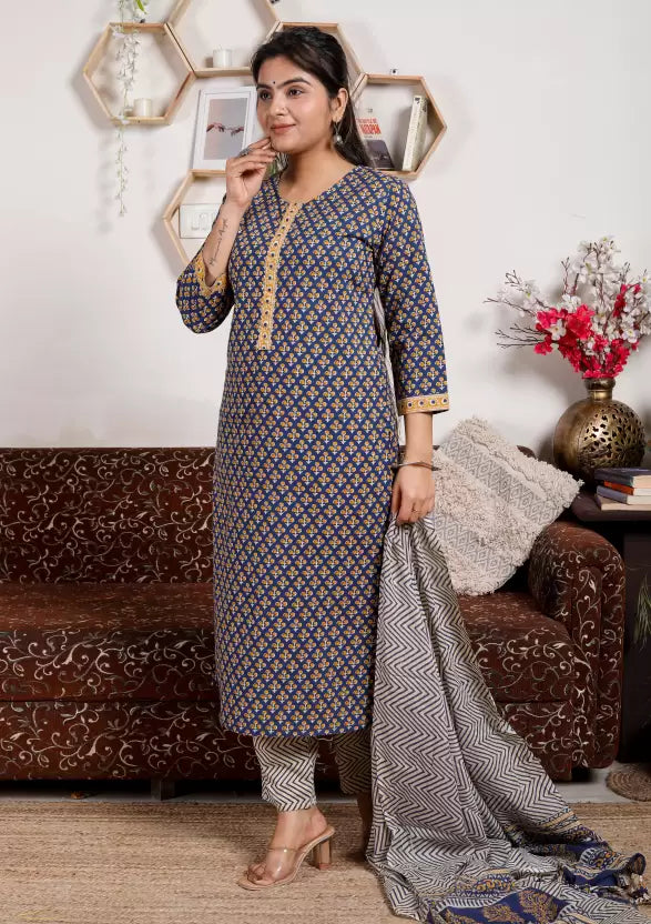 Women Kurta Pant And Dupatta Set Pure Cotton