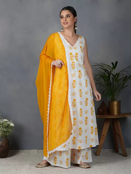 Women Pure Cotton Kurta Pant And Dupatta Set