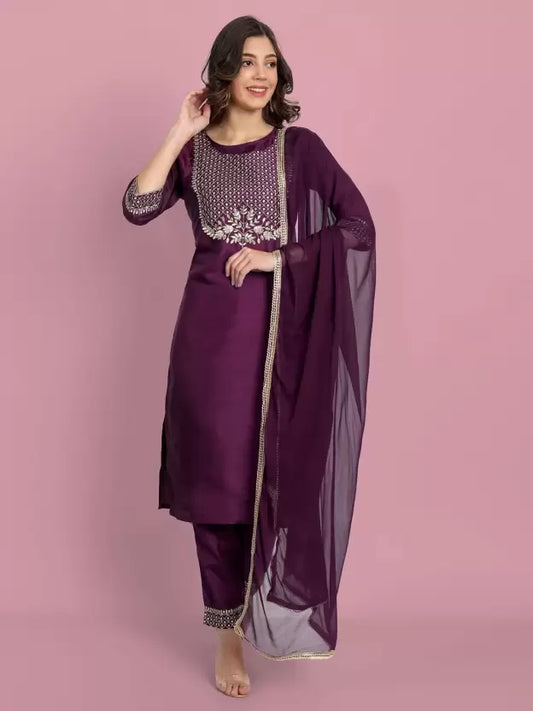 Women Kurta Pant And Dupatta Set Silk Blend