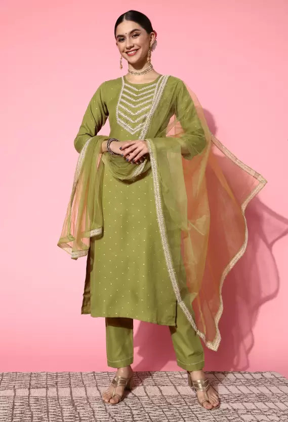 Women Kurta Pant And Dupatta Set Silk Blend