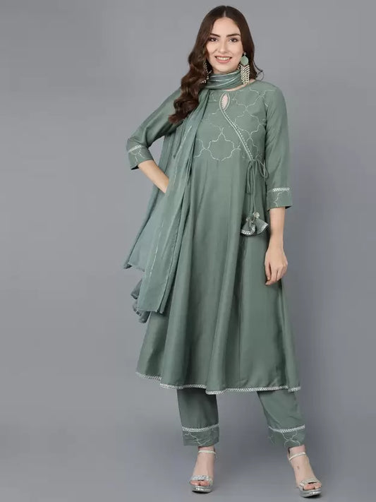 Women Kurta Pant And Dupatta Set Silk Blend