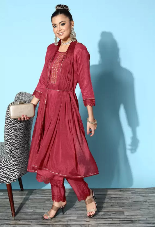 Women Kurta Pant And Dupatta Set Silk Blend